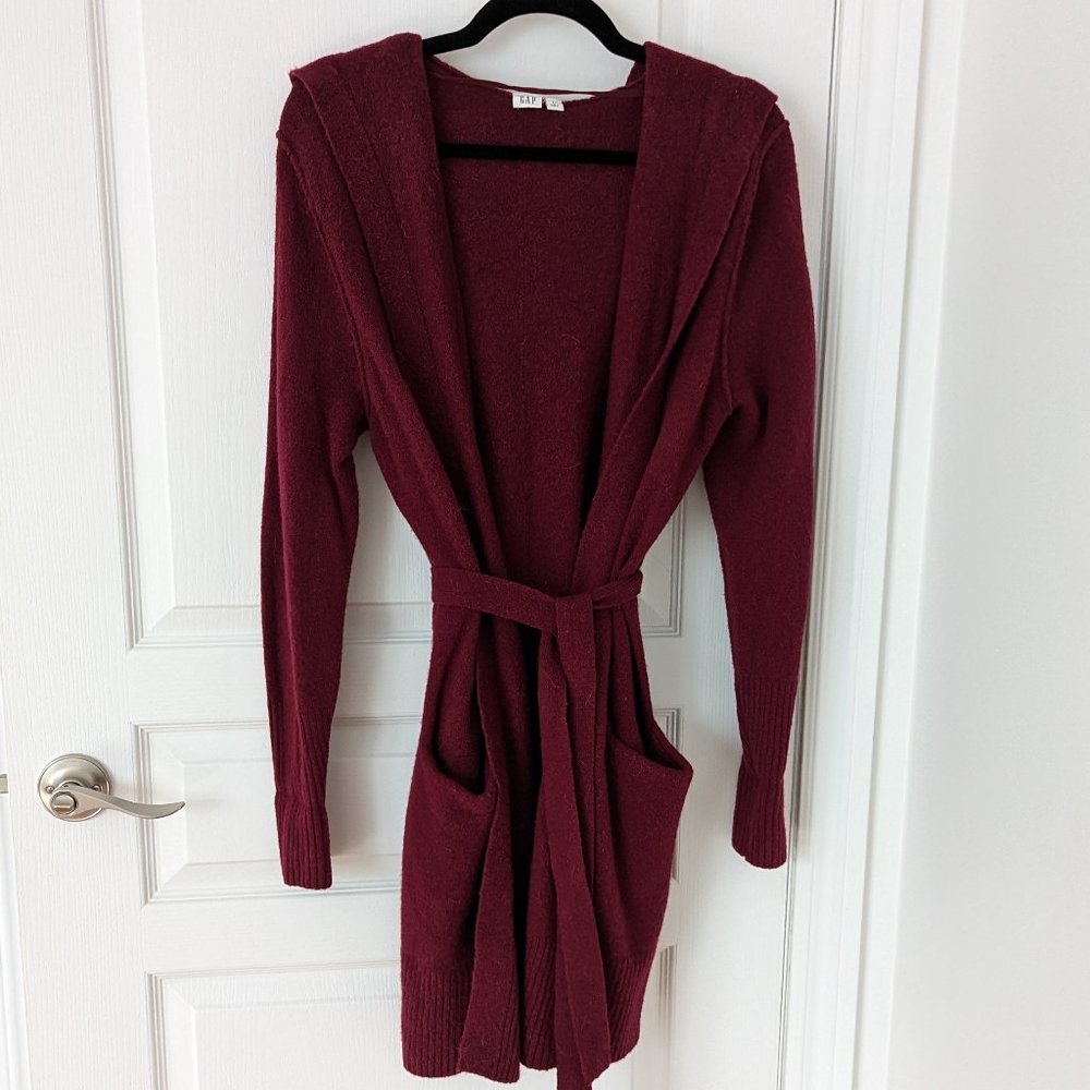 GAP Wool Blend Hooded Open Cardigan with Belt Wine Red Size S